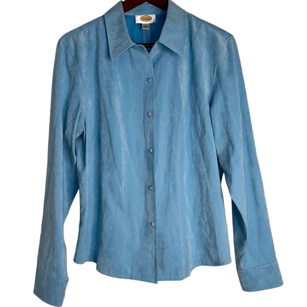 Talbots‎ Womens L Powder Blue Faux Suede Button Front Casual Bold Vintage Top